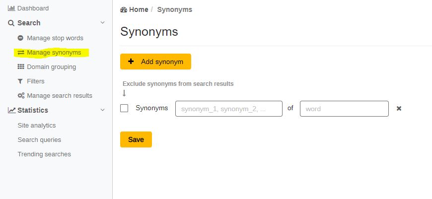 Manage synonyms in the dashboard